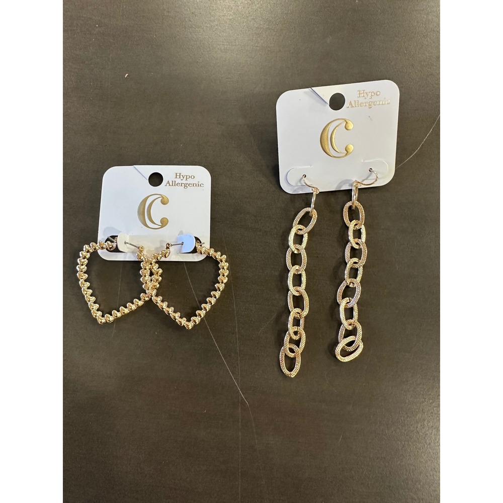 Charming Charlies Gold Tone Heart Hoop & Chain Drop Earrings‎ Set Hypoallergenic